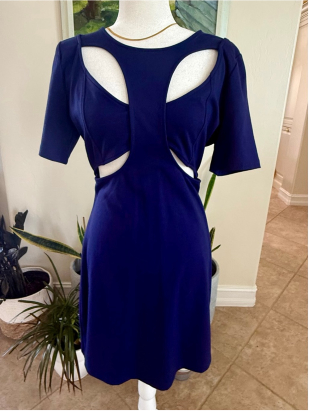 Anthropologie Navy Cut-Out Mini Dress M, stretchy body con,